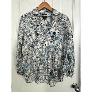 TAHARI Women's Small 100% Linen Striped Shirt Roll Tab Sleeve‎ Blouse Tropical